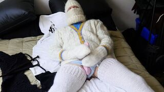 Knitting in in a mohair sweater and knee high socks leads to mastrubation and cum shot... jumper fetish - 1 image