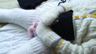 Knitting in in a mohair sweater and knee high socks leads to mastrubation and cum shot... jumper fetish - 10 image
