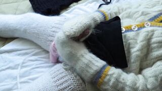 Knitting in in a mohair sweater and knee high socks leads to mastrubation and cum shot... jumper fetish - 5 image