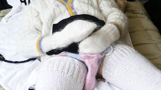 Knitting in in a mohair sweater and knee high socks leads to mastrubation and cum shot... jumper fetish - 6 image