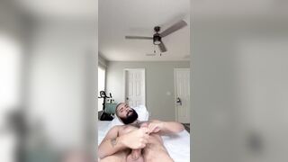 Bryson Thick jerking his long thick dick and blowing his warm cum all over his hairy body - 4 image
