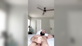 Bryson Thick jerking his long thick dick and blowing his warm cum all over his hairy body - 5 image
