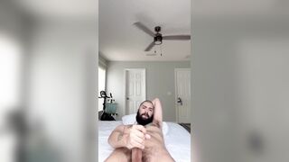 Bryson Thick jerking his long thick dick and blowing his warm cum all over his hairy body - 8 image