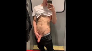 Twink jerk in fitting room and cum on the mirror - 1 image