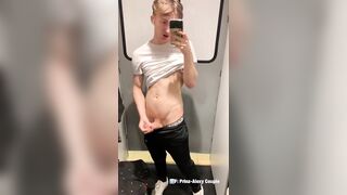 Twink jerk in fitting room and cum on the mirror - 2 image