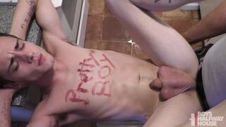 Cute Twink Punished And Barebacked Rough By 2 Older Tops - 1 image