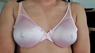 Pink satin bra, caressing my boobs and nipples - 10 image