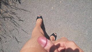 Public outdoor cumshot in pantyhose and high heels - 1 image