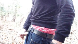 Public wanking in the woods, sagging, jerking and cumming. I jerk off in the woods and cum in my jeans - 4 image