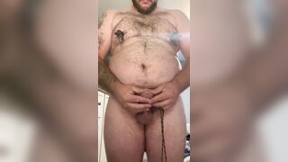 Hidden crossdresser walk with cock and ball bondage plugged and nipple clamps with Cum shot ending - 5 image