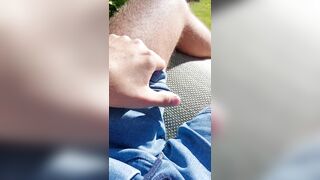 Massaging big cock bulge through pants in the garden - 8 image