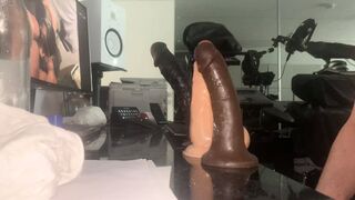 Chubby bald guy throating dildos (from average to BBC) - 1 image