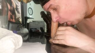 Chubby bald guy throating dildos (from average to BBC) - 2 image