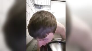 Twink faggot licks public toilet and flushes his head sissyfaggotbilly - 3 image