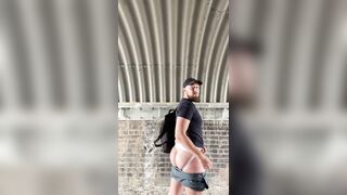 Bearded Guy exposed at the Underpass, nude outdoor jockstrap. - 5 image
