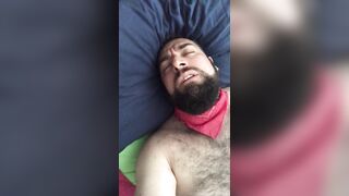 Big bearded and hairy bear wanking rubbing the bed sheet on his hard and wet cock. Beautiful Agony - 10 image