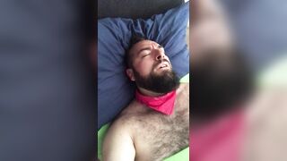 Big bearded and hairy bear wanking rubbing the bed sheet on his hard and wet cock. Beautiful Agony - 3 image
