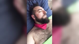 Big bearded and hairy bear wanking rubbing the bed sheet on his hard and wet cock. Beautiful Agony - 4 image