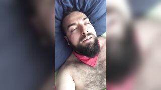 Big bearded and hairy bear wanking rubbing the bed sheet on his hard and wet cock. Beautiful Agony - 5 image
