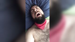 Big bearded and hairy bear wanking rubbing the bed sheet on his hard and wet cock. Beautiful Agony - 6 image