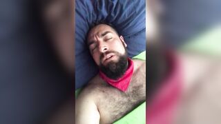 Big bearded and hairy bear wanking rubbing the bed sheet on his hard and wet cock. Beautiful Agony - 8 image