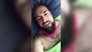 Big bearded and hairy bear wanking rubbing the bed sheet on his hard and wet cock. Beautiful Agony - 9 image