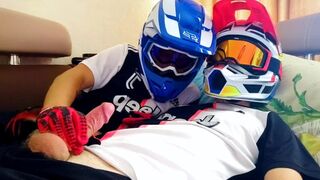 Two guys in helmets jerk off and cum - 1 image