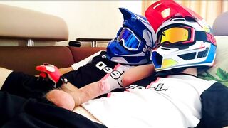 Two guys in helmets jerk off and cum - 6 image