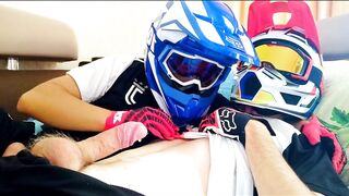 Two guys in helmets jerk off and cum - 8 image