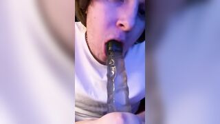 Sucking Tall boy dildo with spit. - 4 image
