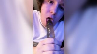 Sucking Tall boy dildo with spit. - 5 image