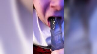 Sucking Tall boy dildo with spit. - 6 image