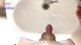SisK peel off her penis and take a pee in sink - 5 image