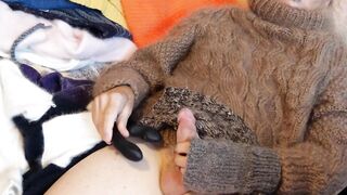 Sweater Fetish, mohair fetish. Playing in a fuzzy tan sweater with a sock for a nice cum shot. Vibrator play. - 2 image