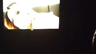 Sexy guy jacking off in front of a bunch of men in open adult theater while watching tranny porn 3 - 4 image