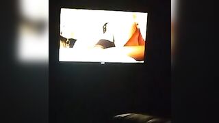 Sexy guy jacking off in front of a bunch of men in open adult theater while watching tranny porn 3 - 8 image