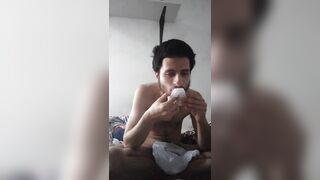 Naked guy Eating snacks to feed and grow my belly bulge that i usto have - 10 image