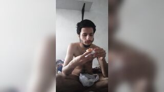 Naked guy Eating snacks to feed and grow my belly bulge that i usto have - 7 image