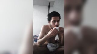Naked guy Eating snacks to feed and grow my belly bulge that i usto have - 8 image