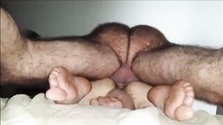 Hairy Daddy with hairy legs breeds boy from below - 9 image