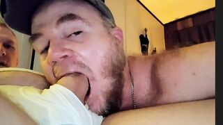 Webcamming hairy redneck dad casually sucks Boys cock thru his tighty whities fly while also enjoying his own pit stink - 1 image