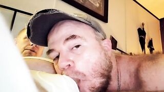Webcamming hairy redneck dad casually sucks Boys cock thru his tighty whities fly while also enjoying his own pit stink - 2 image