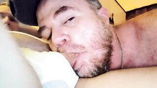 Webcamming hairy redneck dad casually sucks Boys cock thru his tighty whities fly while also enjoying his own pit stink - 5 image