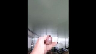 A hairy Japanese man masturbates in the bathroom. His semen splashed on the door. - 1 image