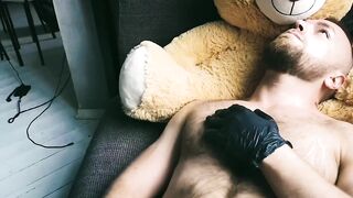 Cleaning man starts playing with his nipples and cock, jerks off and cums - 7 image