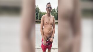 German twink boy jerks off his cock right next to a highway on a country road - Twinkboy82 - 4 image