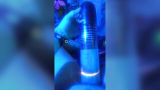 cock and balls pumping up under blue light - 10 image