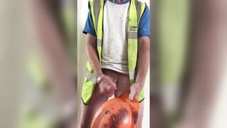 Uncut ginger builder's thick creamy load on his helmet - 7 image