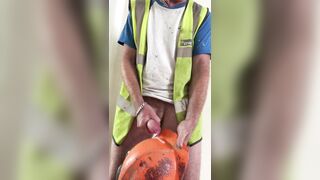 Uncut ginger builder's thick creamy load on his helmet - 8 image