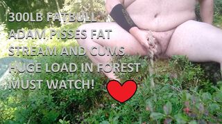 300lb FATBULL Adam pisses huge clear stream of piss and cums giant load in the forest while sunbathing his sexy body. - 1 image
